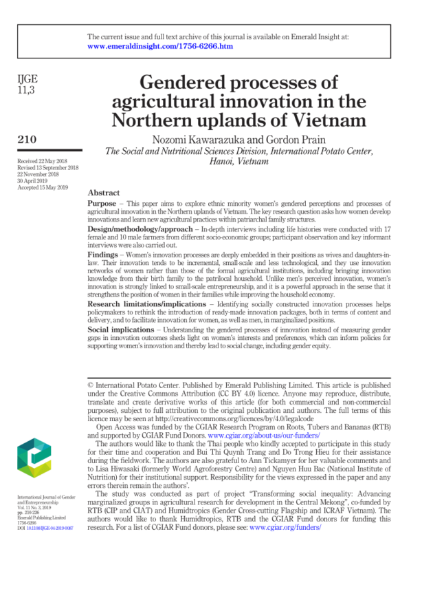 Gendered processes of agricultural innovation in the Northern uplands of Vietnam.