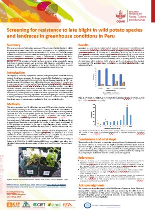 Screening for resistance to late blight in wild potato species and landraces in greenhouse conditions in Peru.