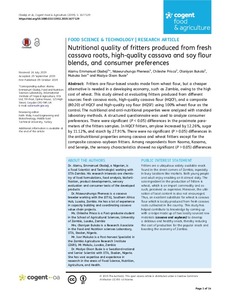 Nutritional quality of fritters produced from fresh cassava roots, high-quality cassava and soy flour blends, and consumer preferences