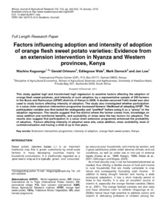 Factors influencing adoption and intensity of adoption of orange flesh sweet potato varieties: Evidence from an extension intervention in Nyanza and Western provinces, Kenya.