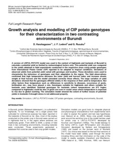 Growth analysis and modelling of CIP potato genotypes for their characterization in two contrasting environments of Burundi.