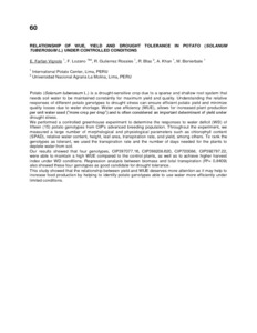 Relationship of wue, yield and drought tolerance in potato (Solanum tuberosum L.) under controlled conditions.