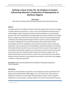 Getting a piece of the pie: An analysis of factors influencing women's production of sweetpotato in Northern Nigeria.