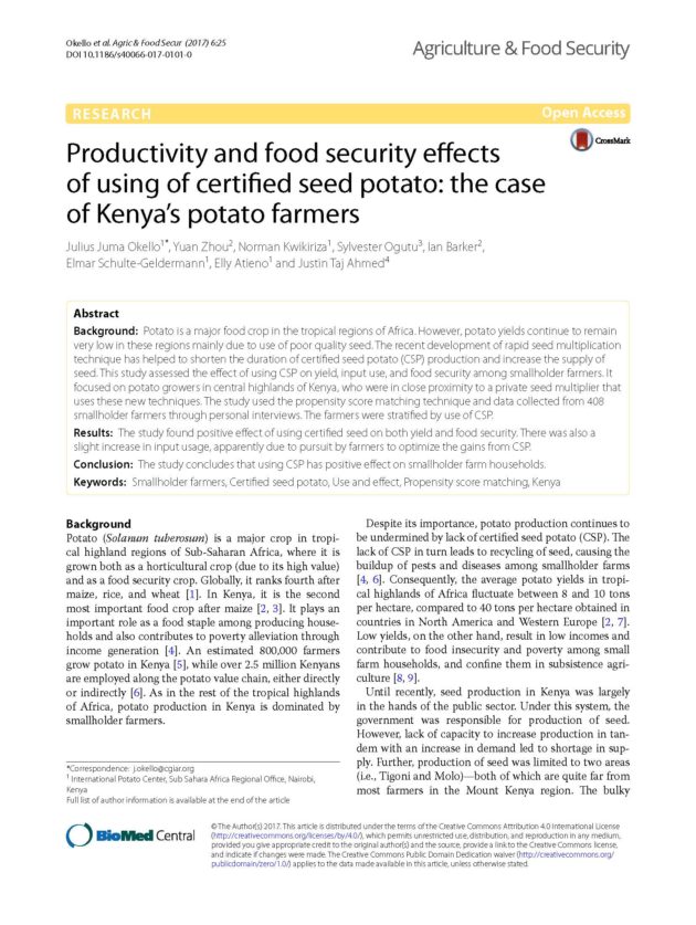 Productivity and food security effects of using of certified seed potato: The case of Kenya's potato farmers