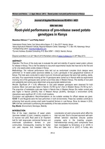 Root-yield performance of pre-release sweet potato genotypes in Kenya.