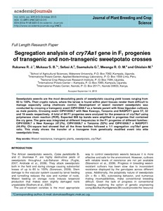 Segregation analysis of cry7Aa1 gene in F1 progenies of transgenic and non-transgenic sweetpotato crosses.