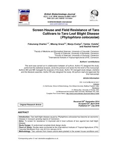 Screen house and field resistance of taro cultivars to taro leaf blight disease (Phytophtora colocasiae)