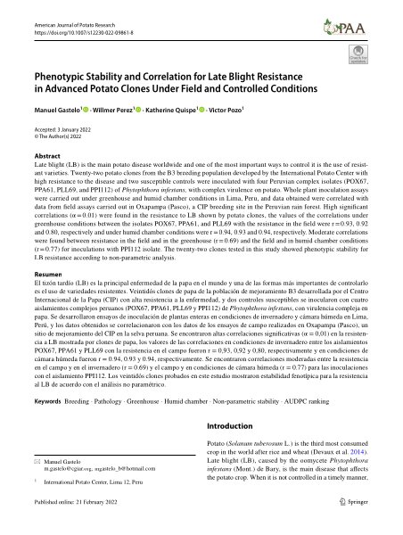 Phenotypic Stability and Correlation for Late Blight Resistance in Advanced Potato Clones Under Field and Controlled Conditions