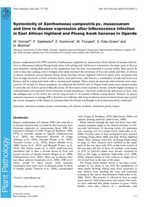 Systemicity of Xanthomonas campestris pv. Musacearum and time to disease expression after inflorescence infection in East African highland and Pisang Awak bananas in Uganda