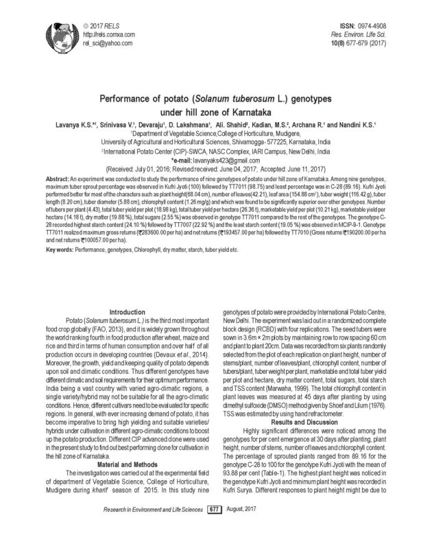 Performance of potato (Solanum tuberosum L.) genotypes under hill zone of Karnataka.