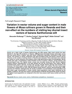 Variation in nectar volume and sugar content in male flowers of Musa cultivars grown in Rwanda and their non-effect on the numbers of visiting key diurnal insect vectors of banana Xanthomonas wilt