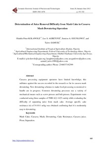 Determination of juice removal difficulty from mash cake in cassava mash dewatering operation