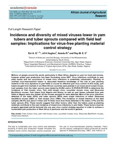 Incidence and diversity of mixed viruses lower in yam tubers and tuber sprouts compared with field leaf samples: Implications for virusfree planting material control strategy
