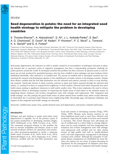 Seed degeneration in potato: the need for an integrated seed health strategy to mitigate the problem in developing countries